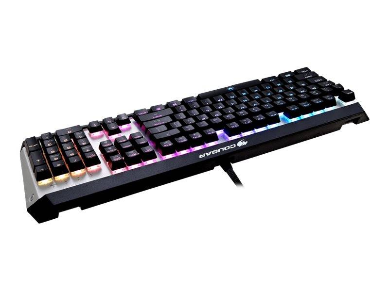 Schwarze Corsair kabelgebundene Gaming-Tastatur mit RGB-beleuchteten Tasten auf weißem Hintergrund.