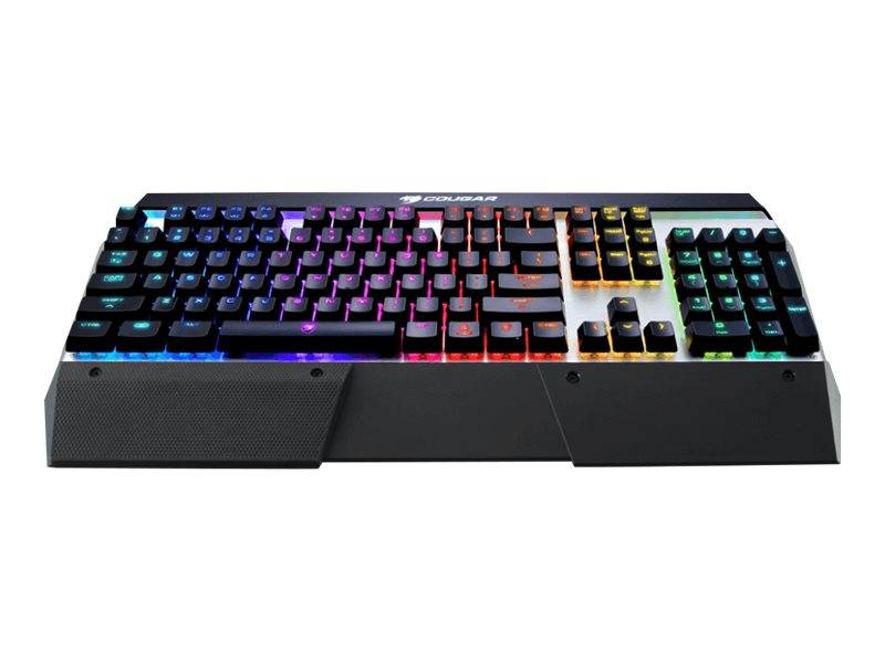 RGB Gaming-Tastatur mit mechanischem Aufbau, gesplittetem ergonomischem Design, kompaktem Layout und beleuchteten Tasten auf weißem Hintergrund