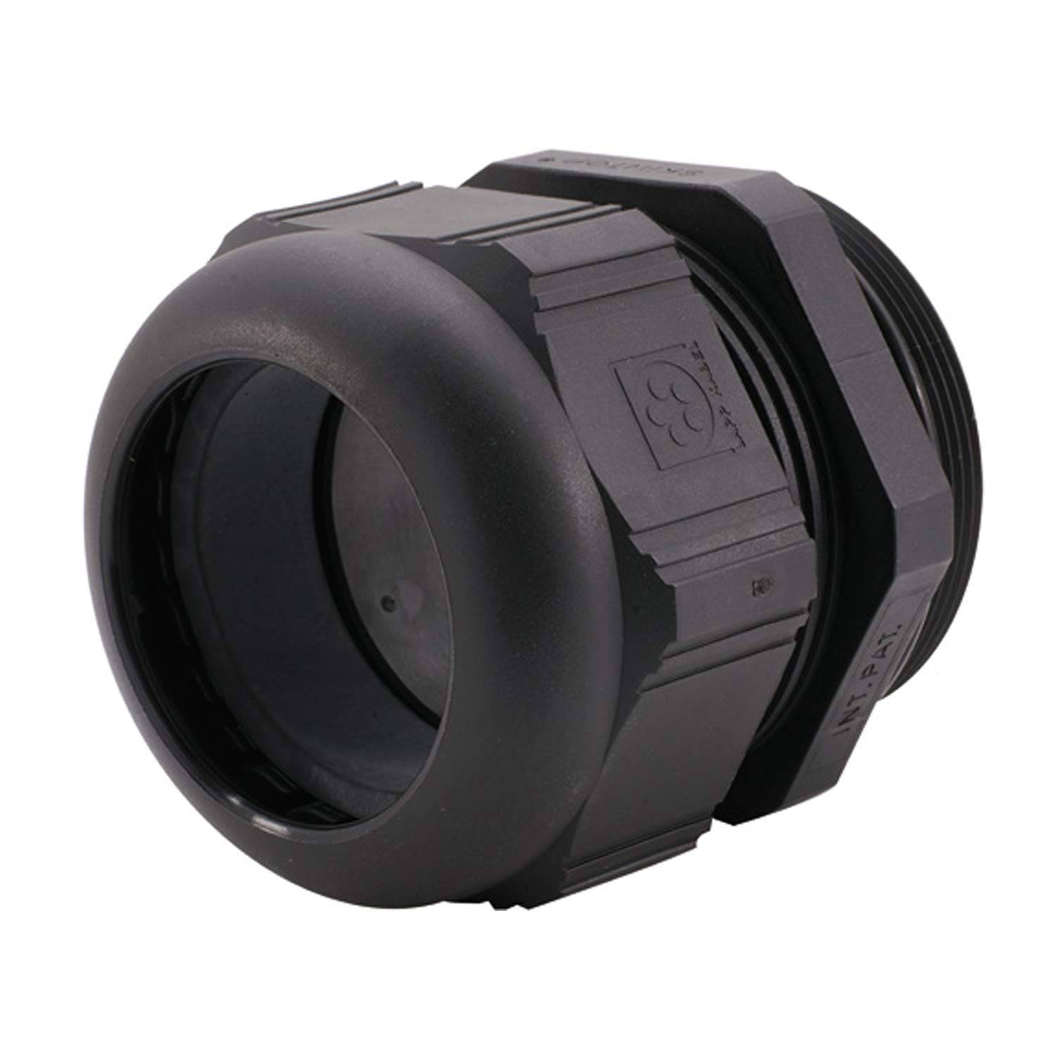 Ein Nahaufnahmebild einer schwarzen Kunststoffschutzkappe mit sechseckigen Details und einer Gewindebasis, entworfen für industrielle oder elektronische Anwendungen.