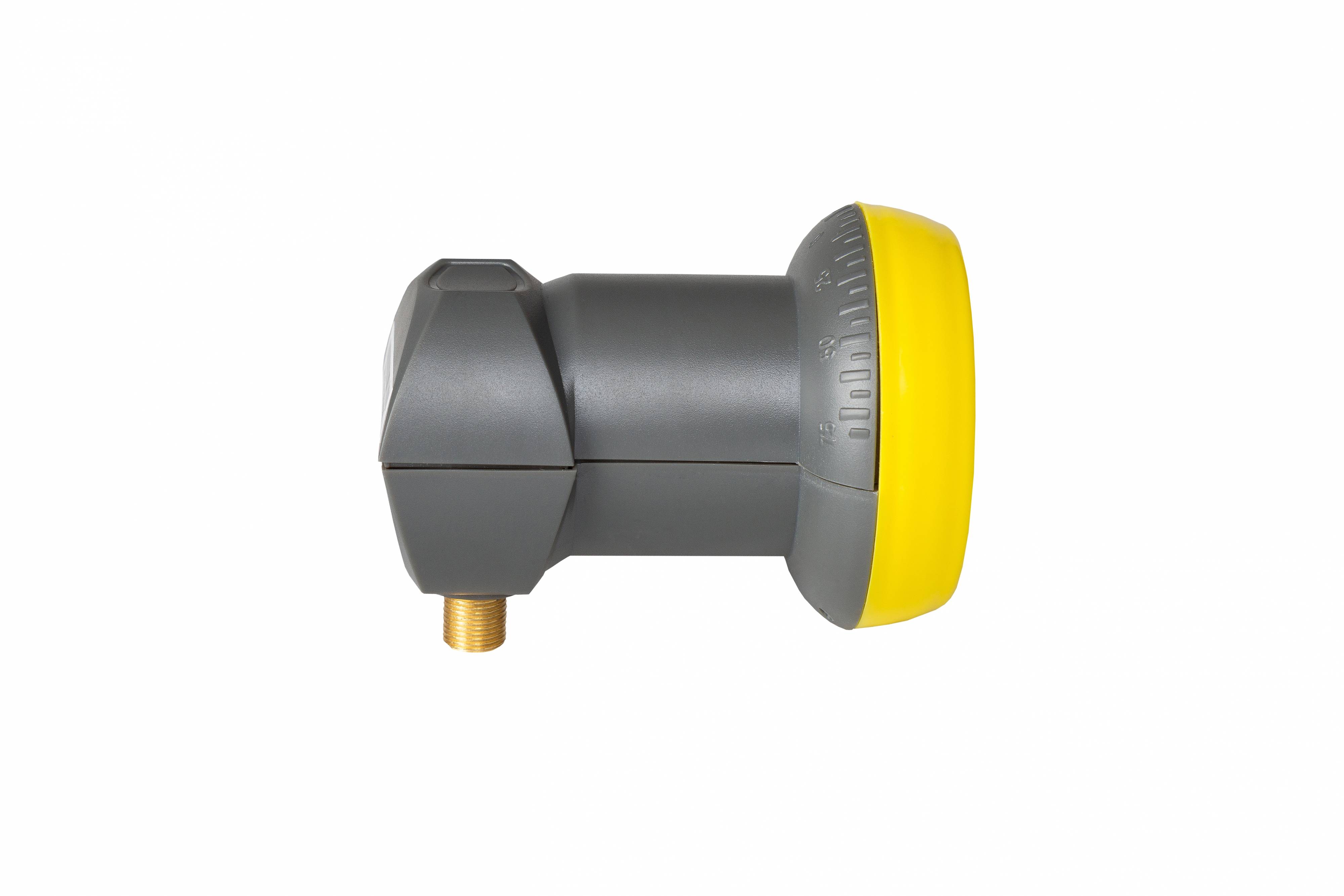 Ein grauer koaxialer LNB-Satellitenempfänger mit gelber Kappe und goldenen Anschlüssen, gezeigt auf weißem Hintergrund.