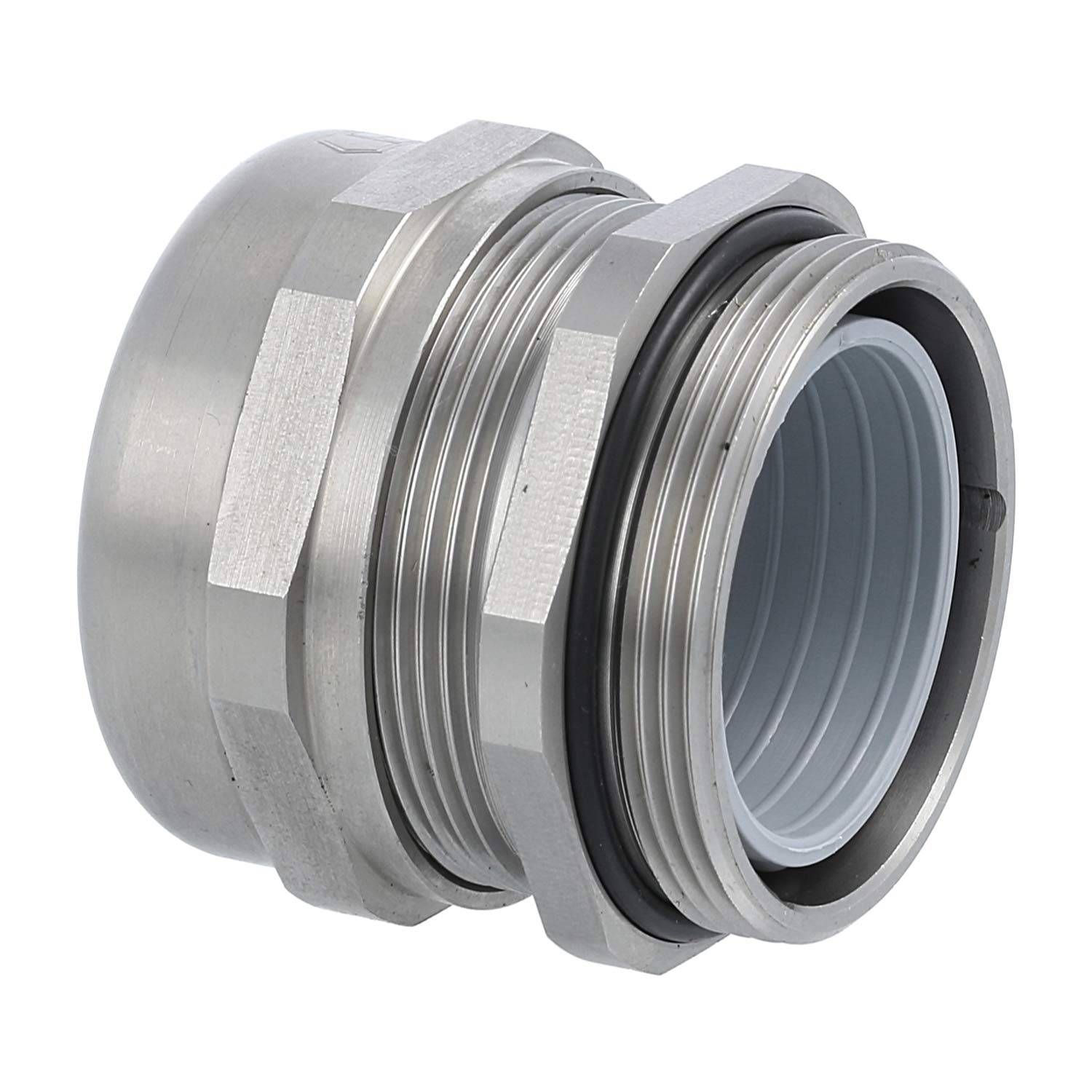 Metallische Industriearmatur, wahrscheinlich für Rohrleitungs- oder Elektroinstallationsanwendungen verwendet; verfügt über ein gerilltes Design mit einem Gummidichtungsring.