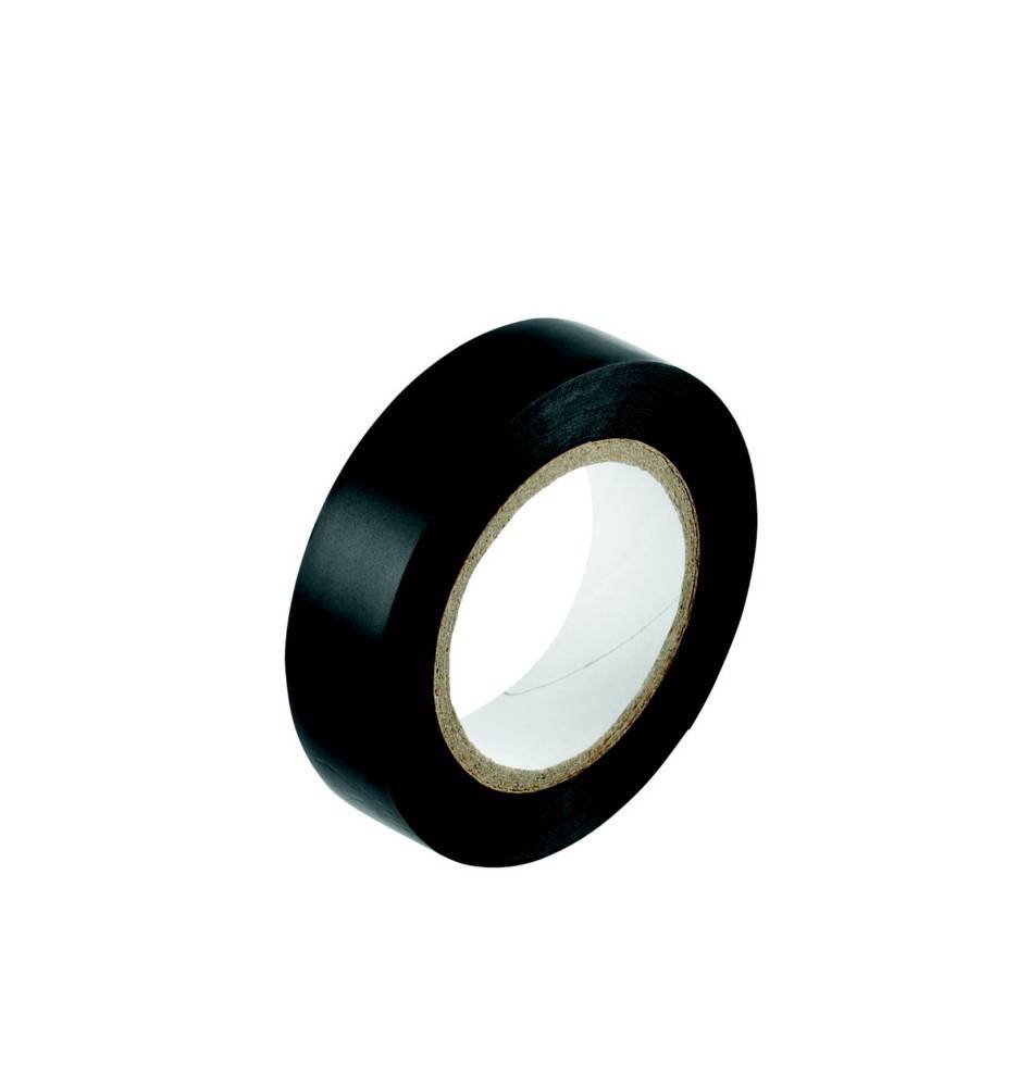 Eine Rolle schwarzen Isolierbands mit einem weißen Kern, aufgewickelt und aufrecht gegen einen einfarbigen weißen Hintergrund gelehnt.