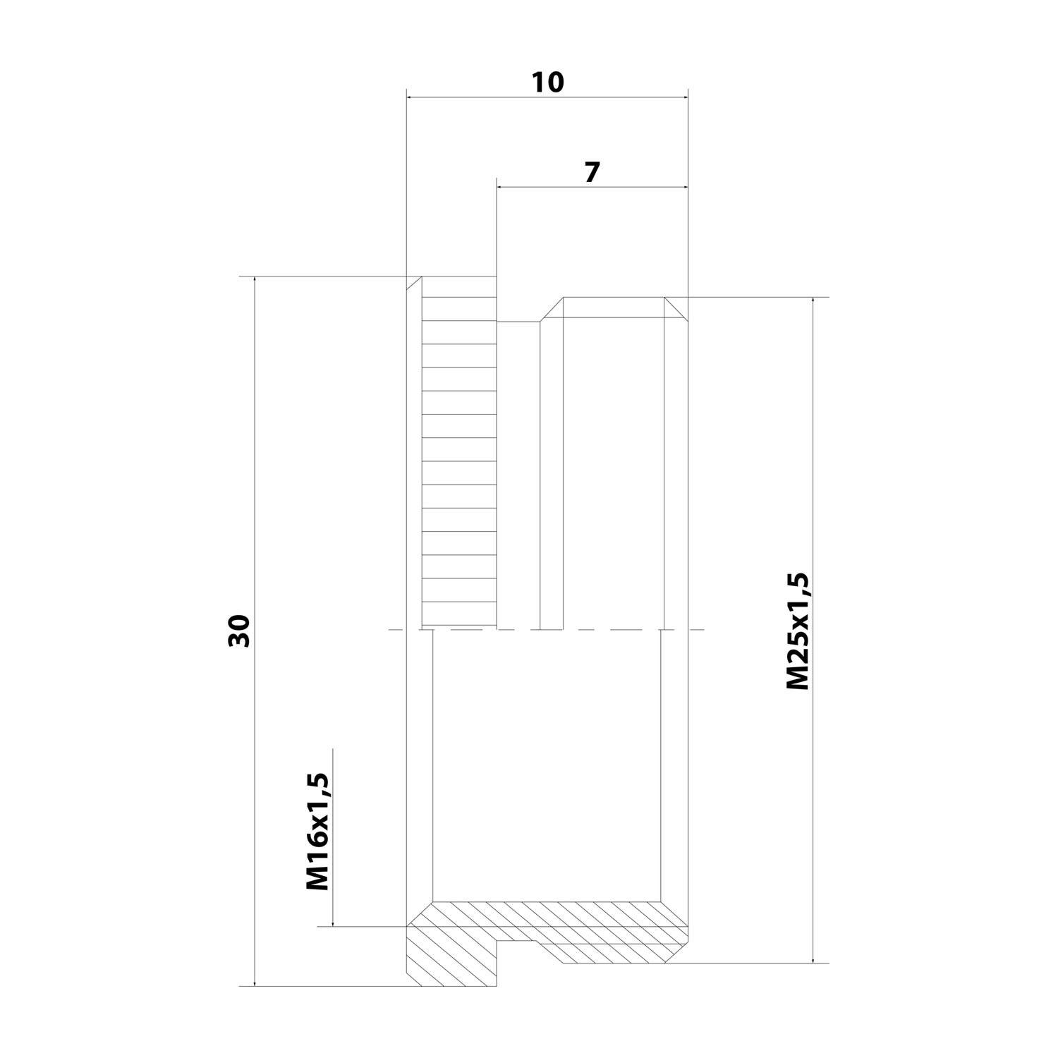 Technische Zeichnung eines zylindrischen mechanischen Bauteils. Maße sind angegeben: Höhe 30, Außendurchmesser 10, Innengewinde M16x1,5 und zusätzliche Abmessung M25x1,5.