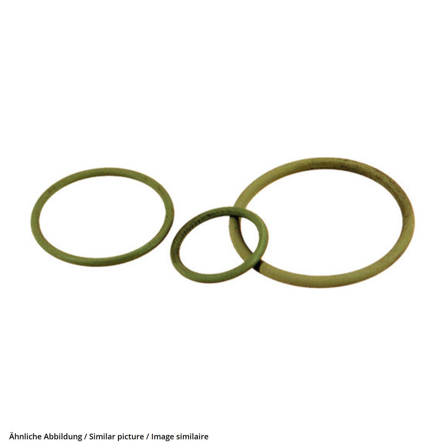 Drei grüne Gummi-O-Ringe in unterschiedlichen Größen vor einem weißen Hintergrund, leicht geneigt und sich überlappend angeordnet.