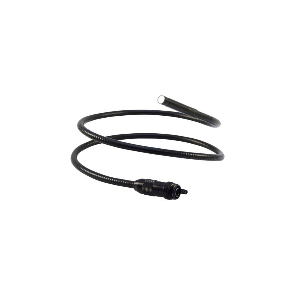 Schwarzes flexibles Inspektionsvideoskop-Kabel mit Stecker und kleiner Kameramspitze auf weißem Hintergrund.