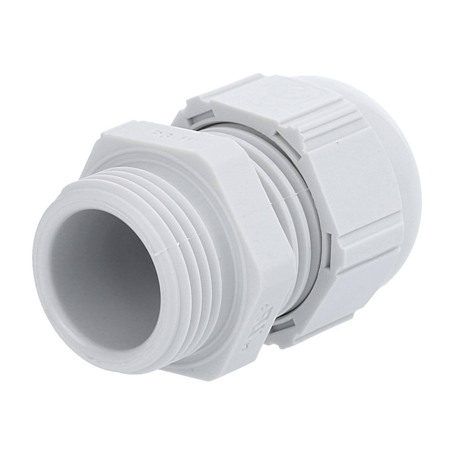 Eine Nahaufnahme einer weißen Kunststoffkabelschuh mit Gewindeverbindungen, die zum Befestigen von Kabeln und zur Gewährleistung einer dichten Abdichtung verwendet wird.