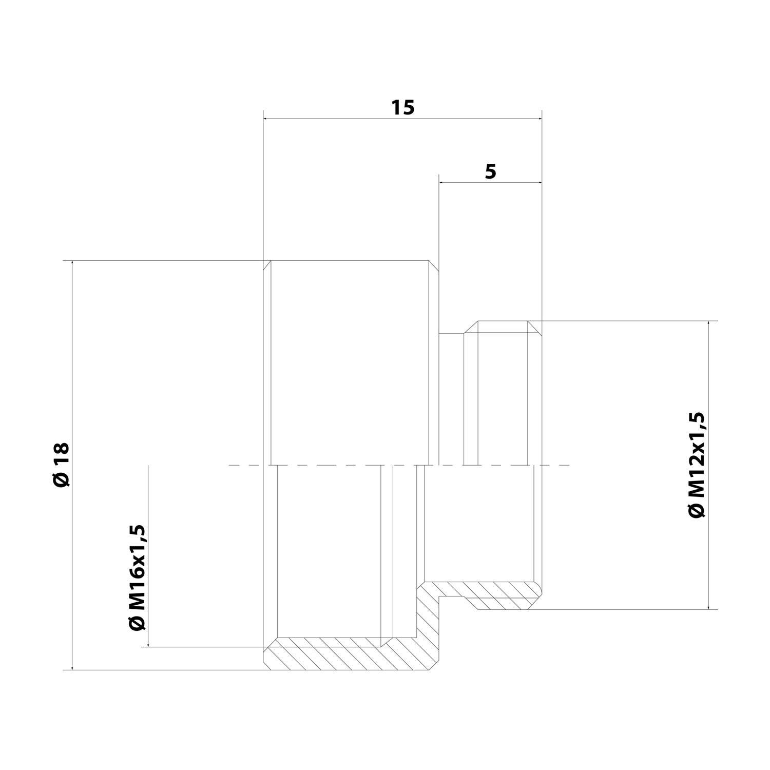 Technische Zeichnung eines mechanischen Bauteils mit zylindrischen Elementen mit beschrifteten Maßen: 15, 5, ø18, øM16x1,5, øM12x1,5.