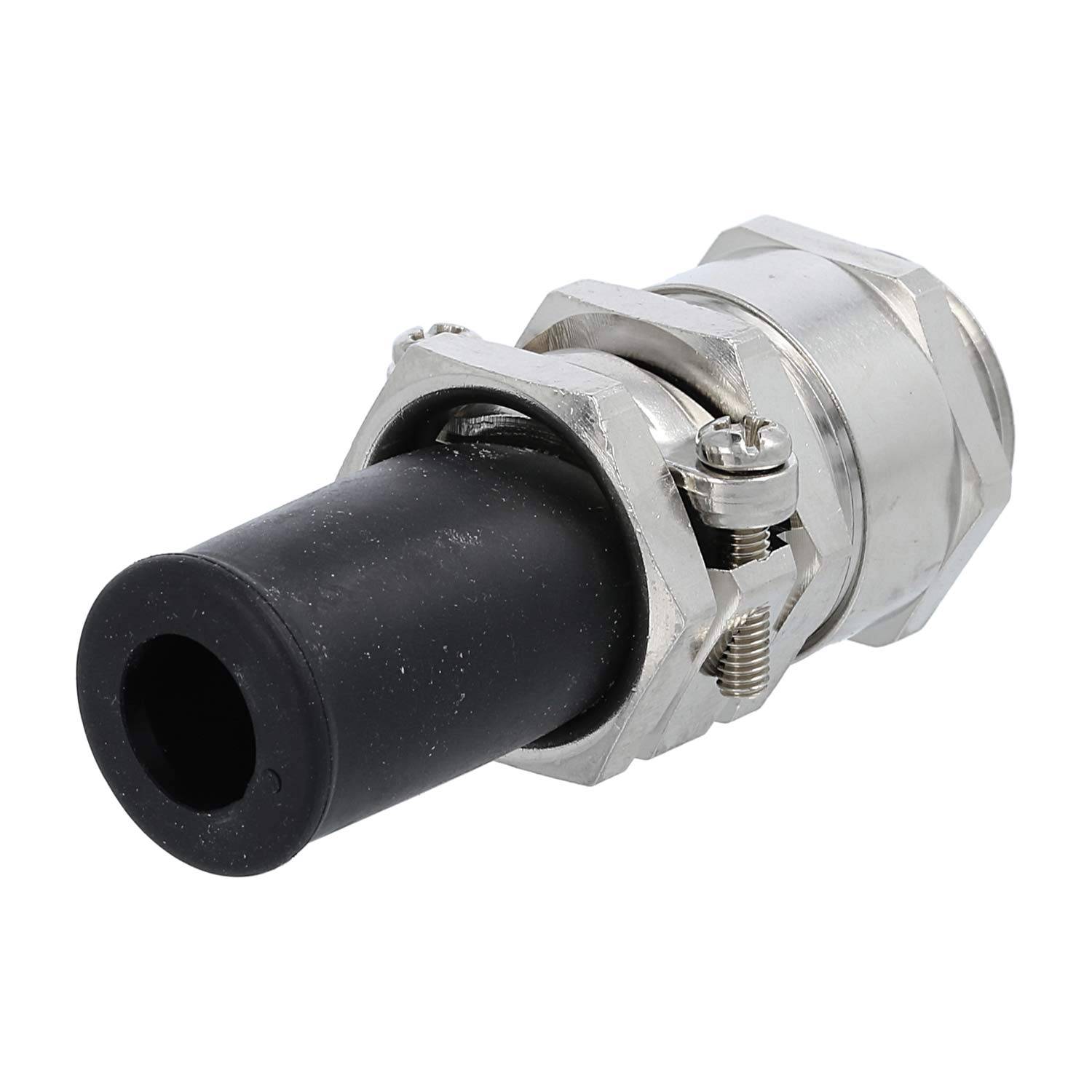 Metall-Kabelverschraubung mit einer schwarzen Gummidichtung, die zum Befestigen und Schützen von Kabeln in elektrischen Installationen verwendet wird.