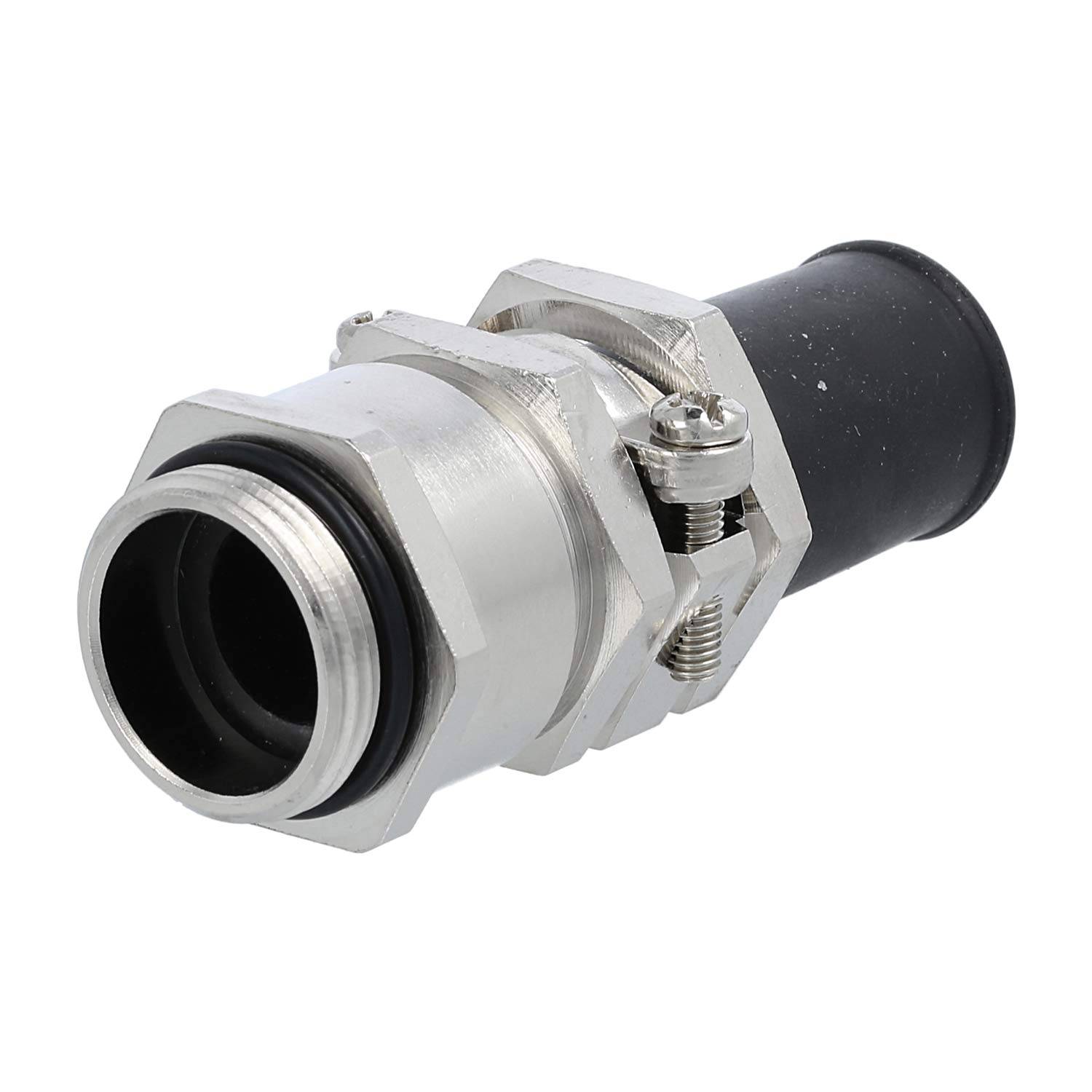 Ein metallischer Koaxialadapter mit Schraubmechanismus und Gummidichtung, der zum sicheren Verbinden von Kabeln in elektronischen Geräten verwendet wird.