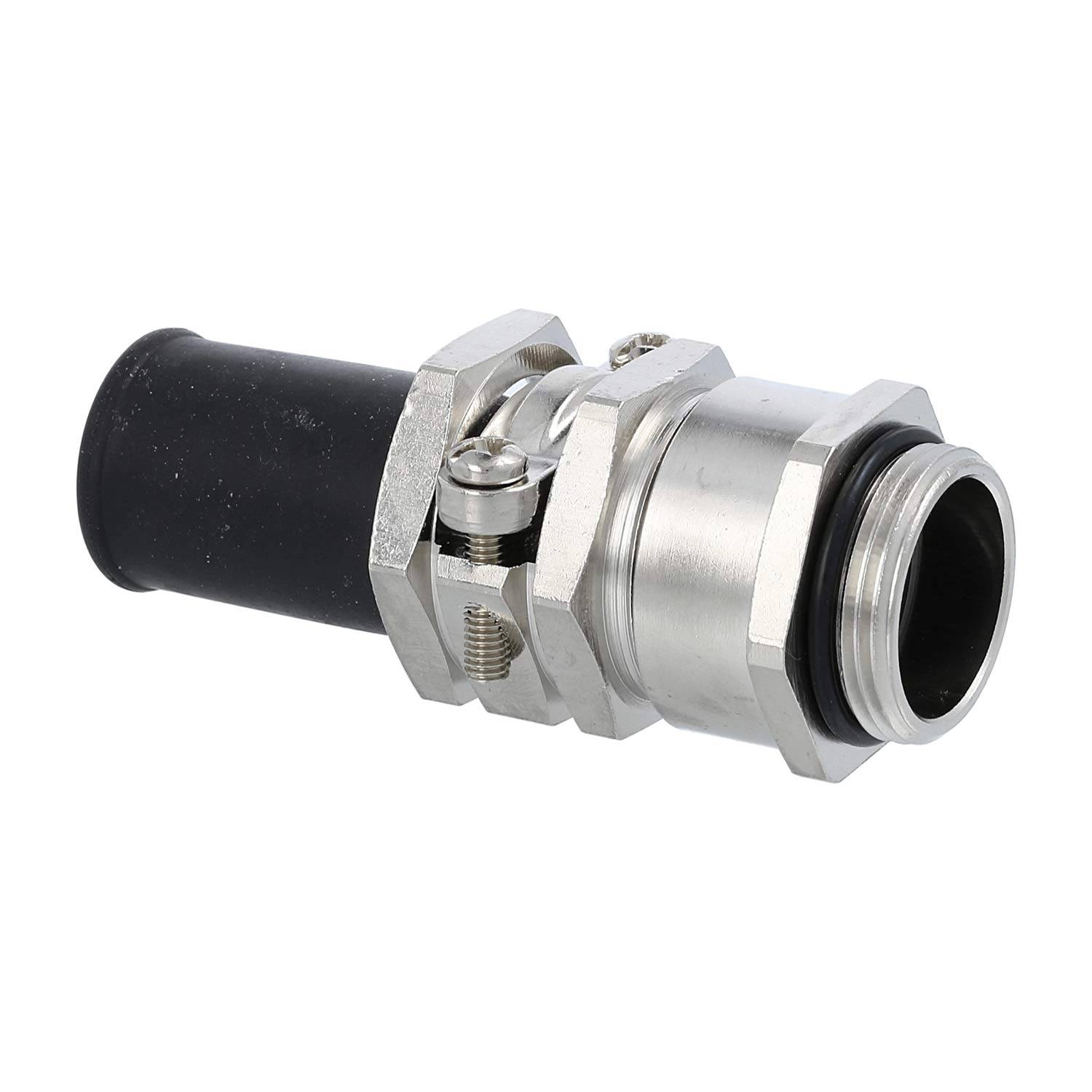 Eine Metall-Kabelverschraubung mit Gummidichtung und Gewinde, die zum Sichern und Schutz von Kabeln in verschiedenen Umgebungen verwendet wird.