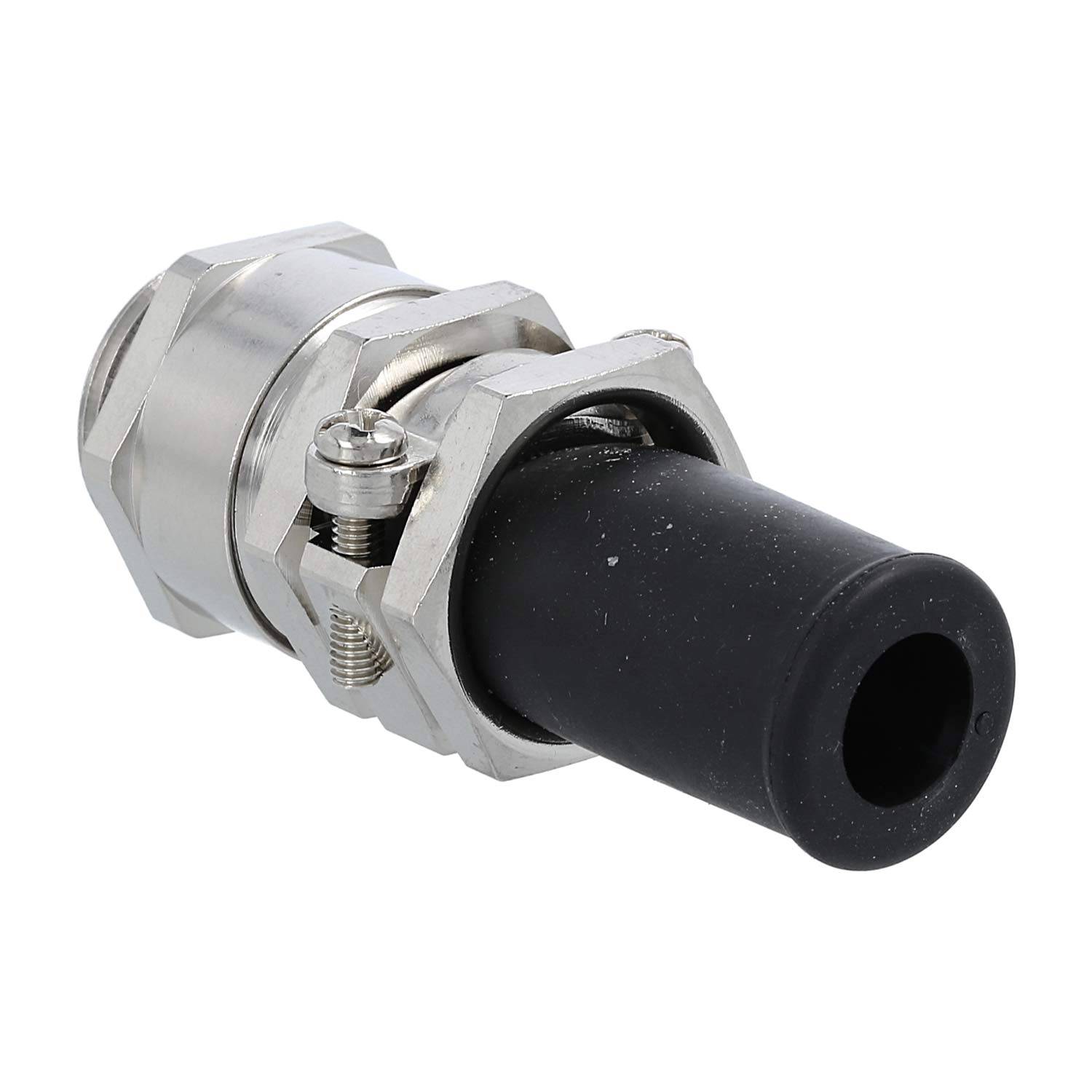 Nahaufnahme eines metallischen Kabelverschraubungseinsatzes mit Gummieinsatz, der dazu dient, Kabel beim Durchgang durch ein Gehäuse zu sichern und zu schützen.