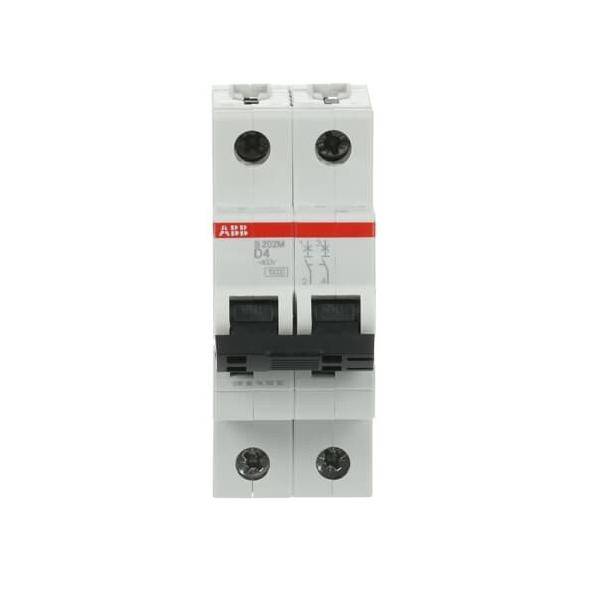 Ein 16-Ampere-Zweipol-Leitungsschutzschalter mit einem roten ABB-Etikett, ausgestattet mit zwei Kippschaltern zur sicheren Steuerung elektrischer Stromkreise.