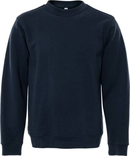 Ein marineblauer Rundhals-Pullover, der vor einem schwarzen Hintergrund präsentiert wird. Der Pullover ist schlicht, ohne sichtbare Logos oder Designs.