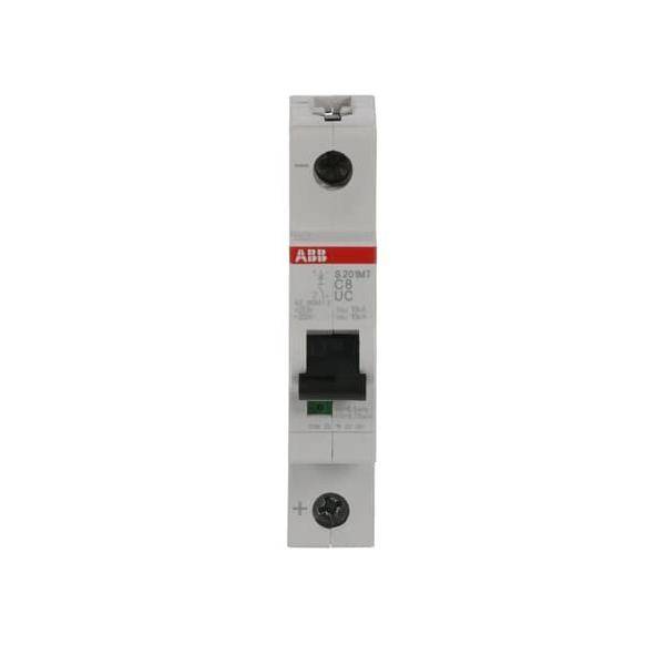 Ein einzelner weißer ABB-Leistungsschalter mit einem roten Etikett, der Schalter zur Steuerung des elektrischen Stroms zeigt.