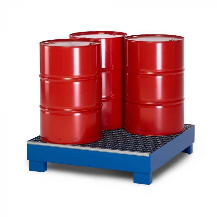 Auffangwanne Typ RWG-4 aus Stahl - mit Gitterrost - passend für 4x 200 Liter Fass - Unterfahrhöhe 100 mm - RAL 5010 enzianblau