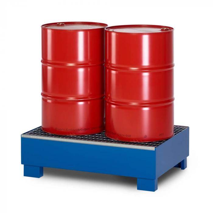 Auffangwanne Typ RWG-2 aus Stahl - mit Gitterrost - passend für 2x 200 Liter Fass - Unterfahrhöhe 100 mm - RAL 5010 enzianblau