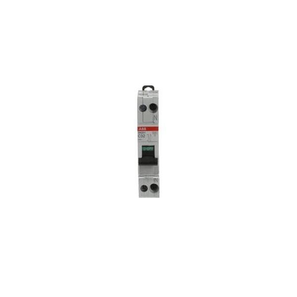 Ein einzelner elektrischer Sicherungsautomat mit zwei runden Klemmen und einem Schalter, mit dem Etikett 