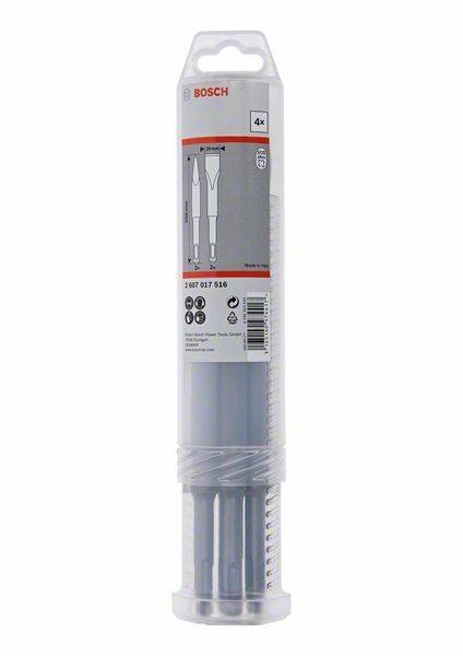 Bosch-Zubehörset für Elektrowerkzeuge, gekennzeichnet mit '4x'. Enthält visuelle Anweisungen und Produktdetails auf der Verpackung.