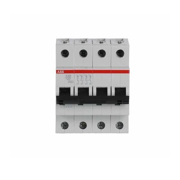 Ein vier­poliger Leistungsschalter mit weißem Gehäuse und roten Markierungen, ausgestattet mit Klemmschrauben für elektrische Anschlüsse.