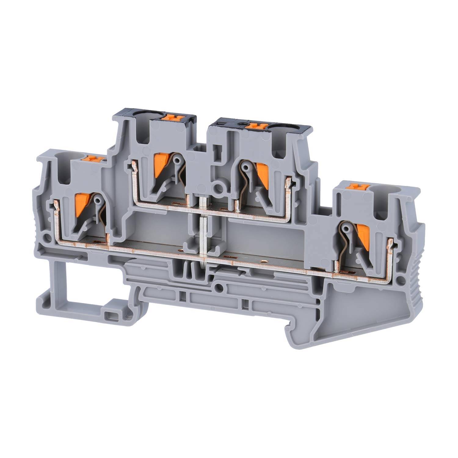 Ein grau-orangefarbiger Elektroklemmenblock mit mehreren Anschllusspunkten, der zum Sichern und Organisieren von Drahtverbindungen konzipiert ist.