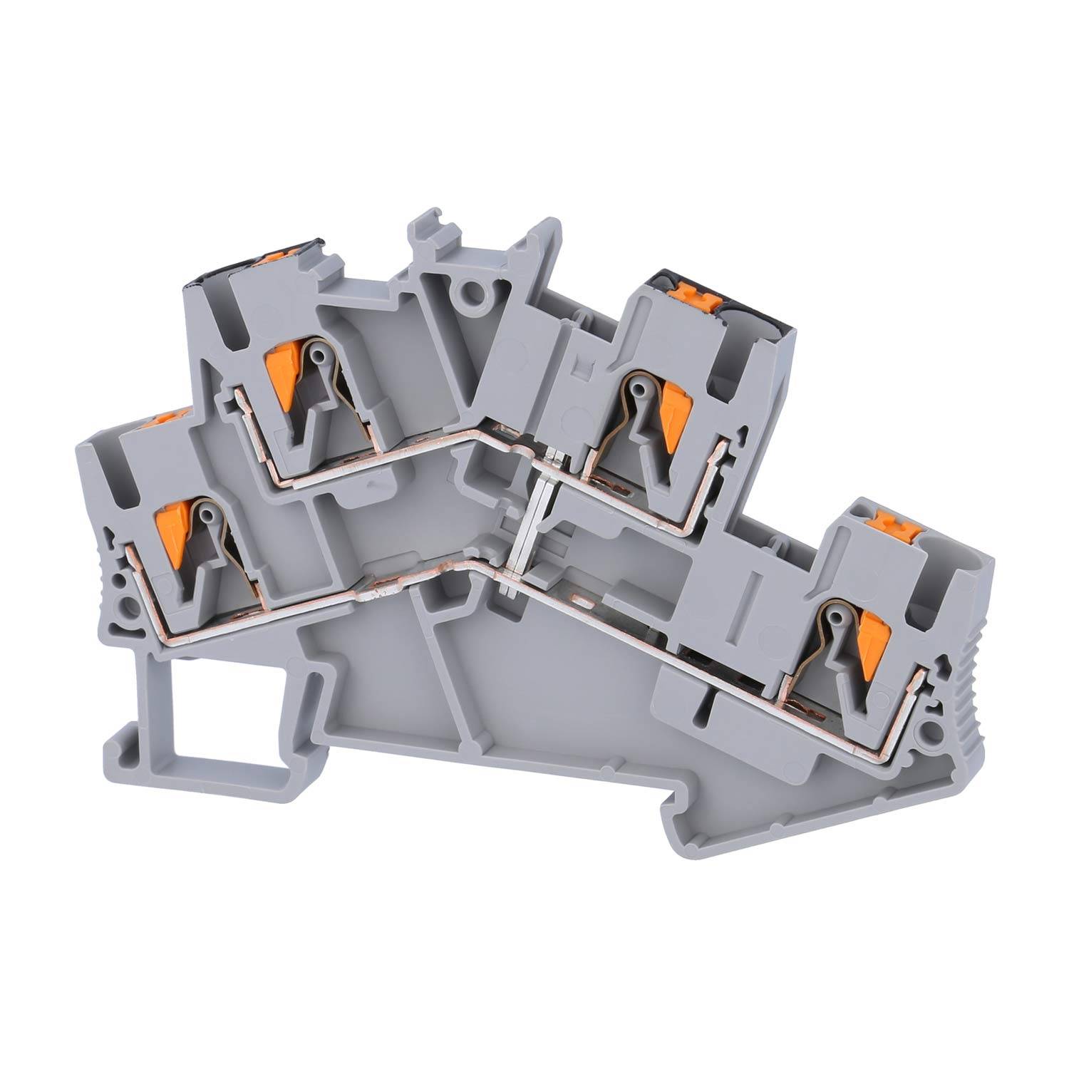 Ein grauer Klemmenblock aus Kunststoff mit orangefarbenen Hebeln, entwickelt zum sicheren Anschluss elektrischer Leitungen; verfügt über mehrere Anschlusspunkte.