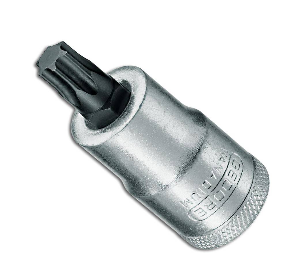 Nahaufnahme eines silbernen Steckschlüsselbits mit schwarzem Torx-Kopf, freigestellt auf weißem Hintergrund.