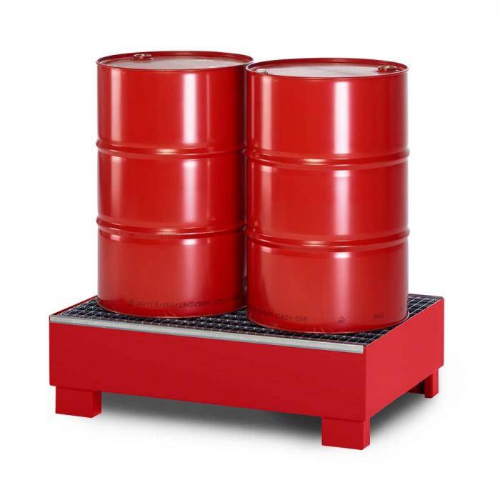 Auffangwanne Typ RWG-2 aus Stahl - mit Gitterrost - passend für 2x 200 Liter Fass - Unterfahrhöhe 100 mm - RAL 3000 feuerrot