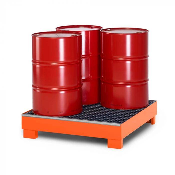 Auffangwanne Typ RWG-4 aus Stahl - mit Gitterrost - passend für 4x 200 Liter Fass - Unterfahrhöhe 100 mm - RAL 2004 reinorange