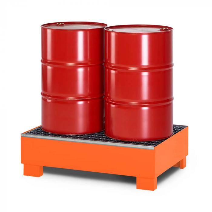 Auffangwanne Typ RWG-2 aus Stahl - mit Gitterrost - passend für 2x 200 Liter Fass - Unterfahrhöhe 100 mm - RAL 2004 reinorange