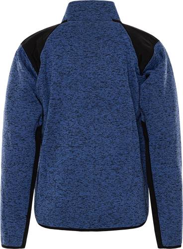 Ein blau und schwarz melierter Langarm-Sportpullover mit strukturiertem Muster.