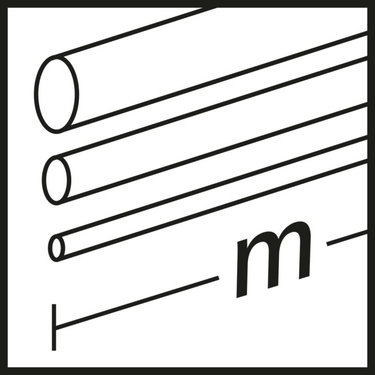Eine perspektivische Linienzeichnung zeigt drei Stahlstangen mit abnehmender Dicke. Eine Messung wird mit einer geraden Linie und dem Buchstaben 'm' gekennzeichnet.