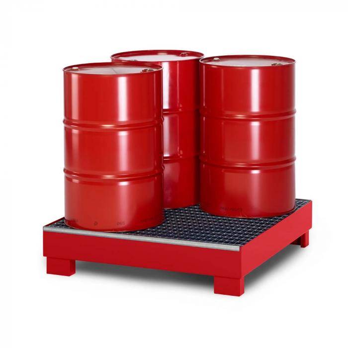 Auffangwanne Typ RWG-4 aus Stahl - mit Gitterrost - passend für 4x 200 Liter Fass - Unterfahrhöhe 100 mm - RAL 3000 feuerrot