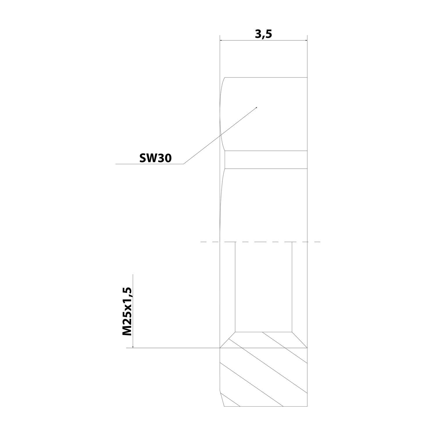 Technische Zeichnung eines Bolzens mit markierten Abmessungen: Länge 3,5, Schlüsselweite 'SW30', Gewindeangabe 'M25x1,5'.