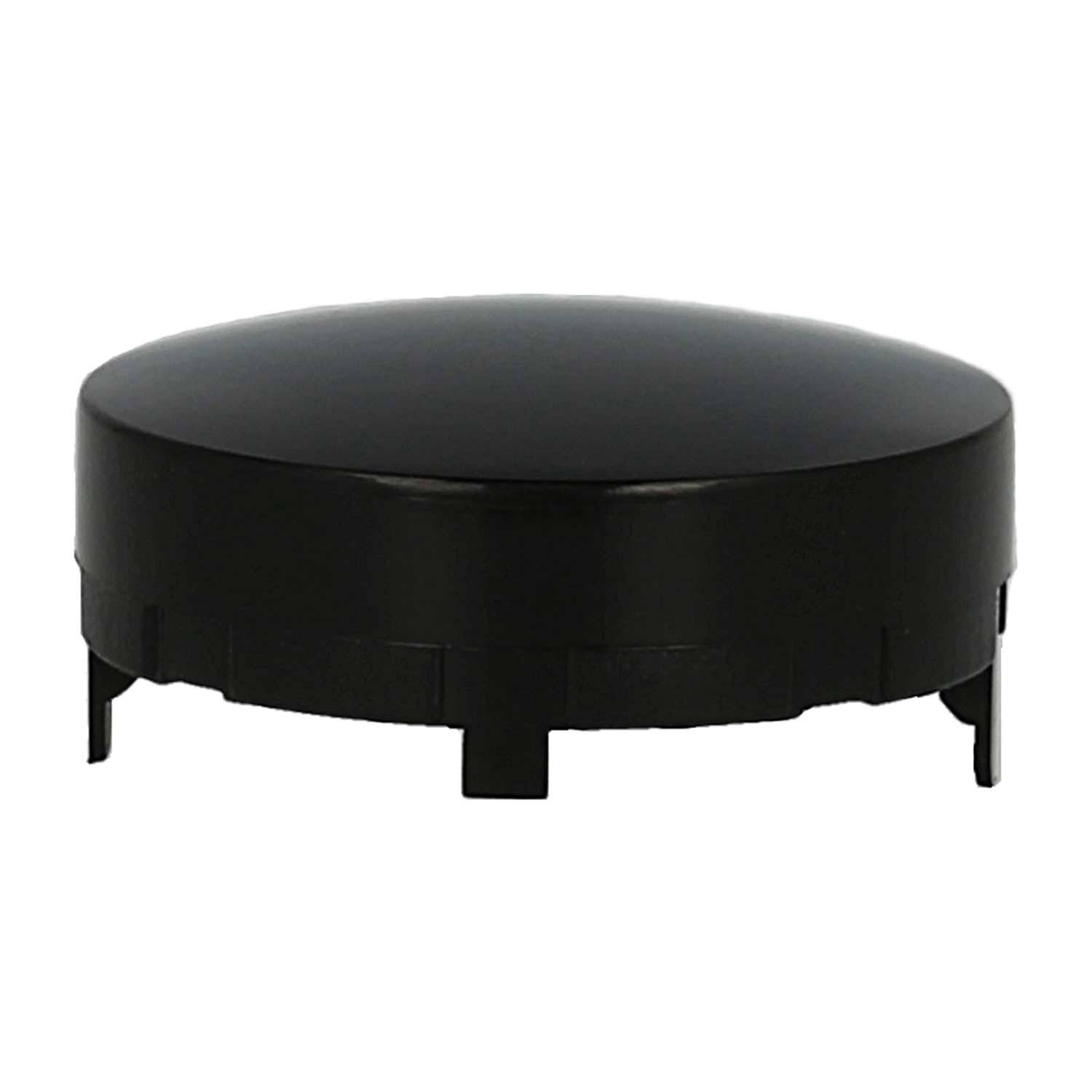 Eine schwarze, runde Plastikkappe mit flacher Oberseite und kurzen Beinen, die typischerweise als Schutzabdeckung für Deckel oder ähnliche Anwendungen verwendet wird.