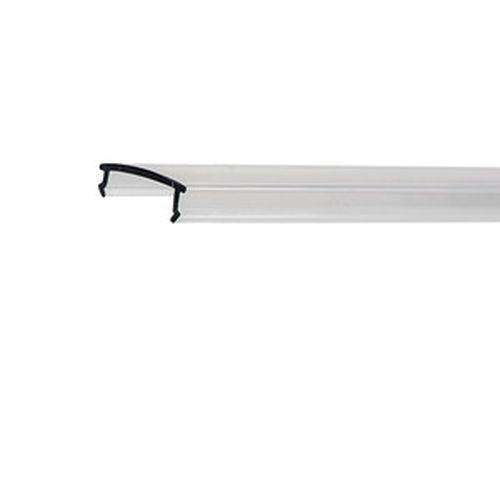 Eine transparente Kunststoff-Duschtrennwanddichtung mit zwei flexiblen Dichtungslippen, entwickelt zur Verhinderung von Wasserlecks, auf einem einfachen weißen Hintergrund dargestellt.