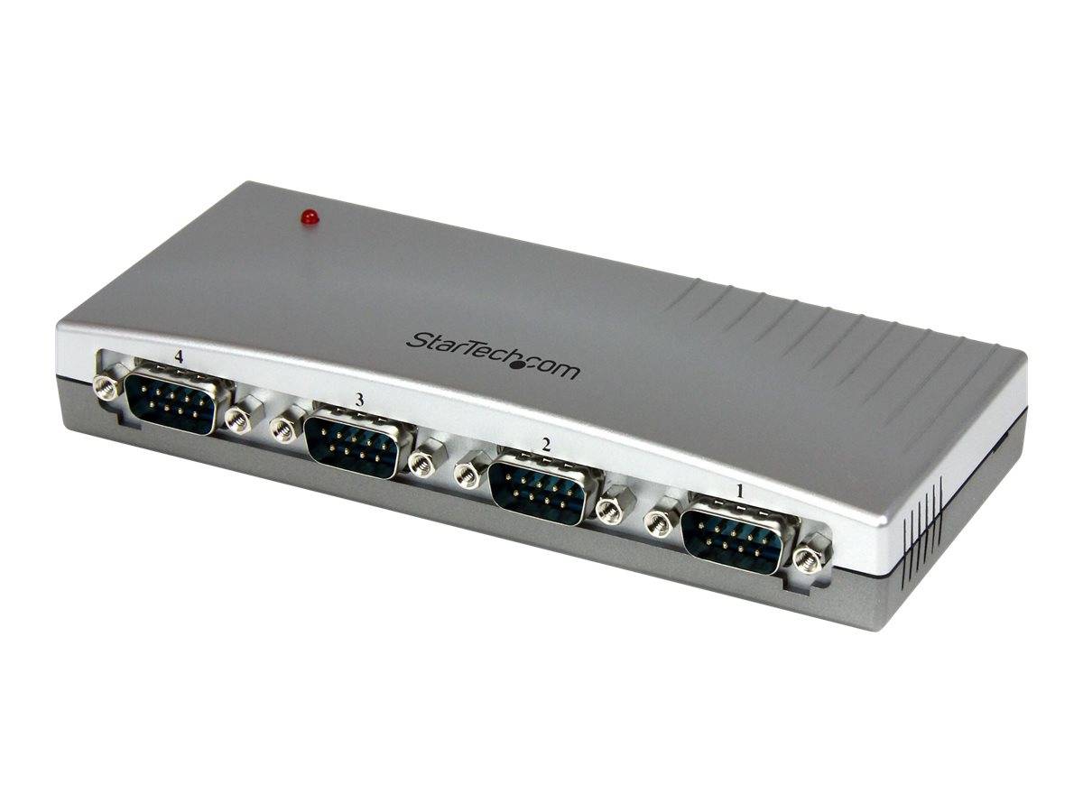 StarTech.com Vier-Port-Seriell-Geräteserver mit nummerierten DB9-Anschlüssen und rote Statusleuchte auf einem grauen Metallgehäuse.