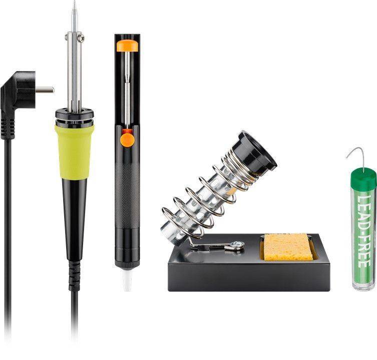 4 teiliges Lötset - bestehend aus 30W Lötkolben, Entlötpumpe, Lötkolbenständer, Lötzinn