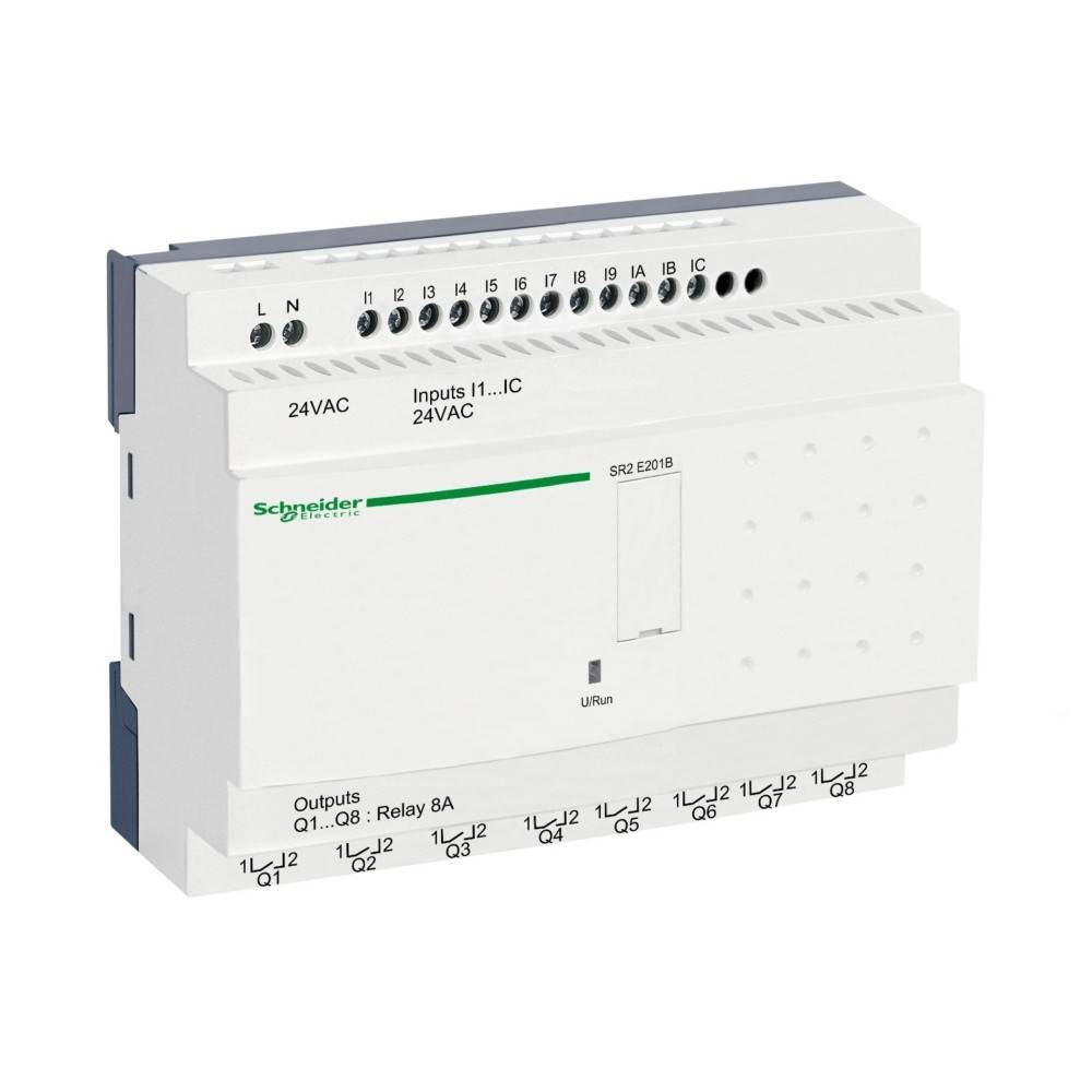Schneider Electric Steuermodul: 24VAC, mehrere Eingabe-/Ausgabeports, beschriftet für verschiedene Anschlüsse, einschließlich Relaisausgänge mit 8A.