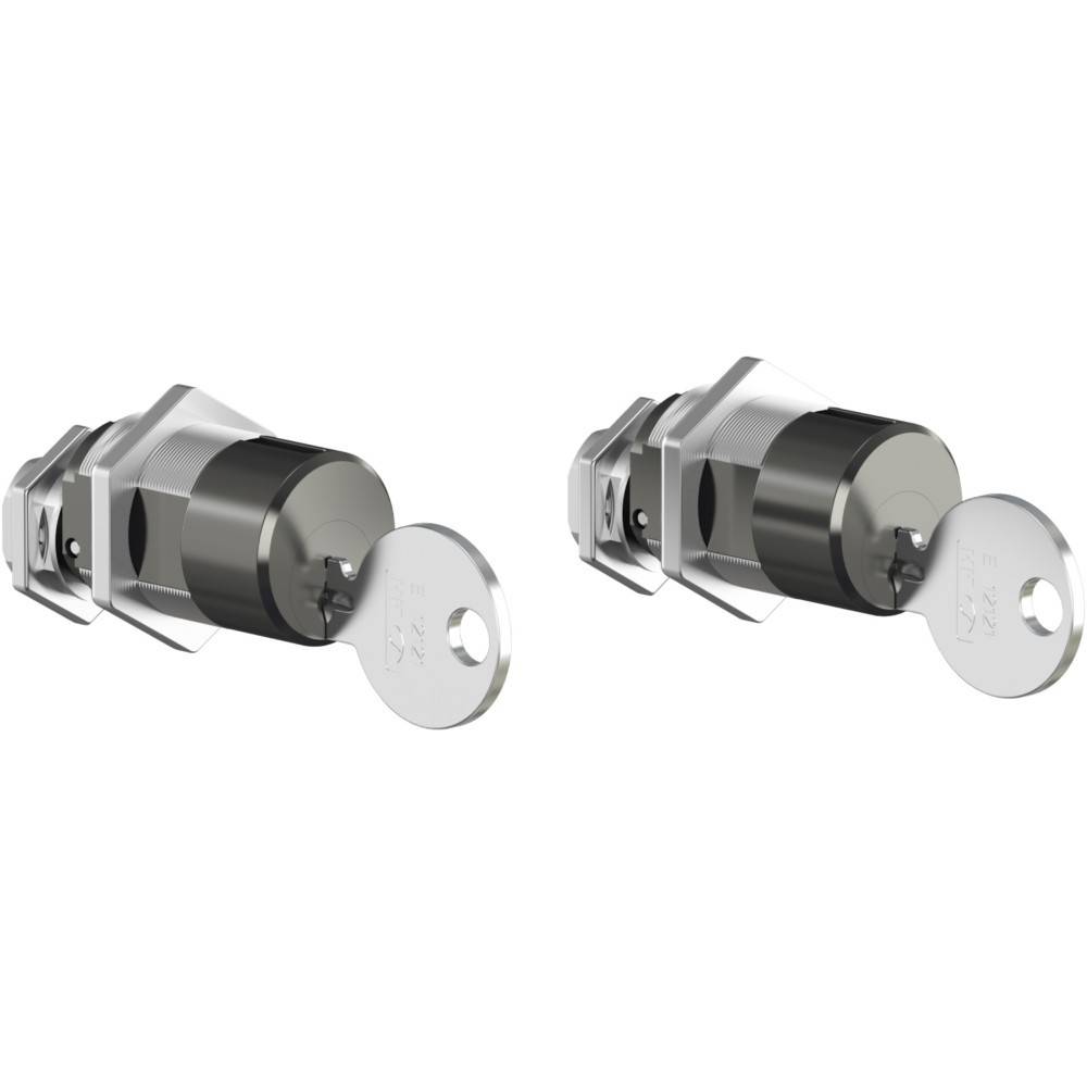 Zwei zylindrische Schlösser mit eingelegten Schlüsseln, in Seitenansicht dargestellt. Die Schlösser sind metallfarbig und identisch, entwickelt zum Sichern von Schränken oder Gehäusen.