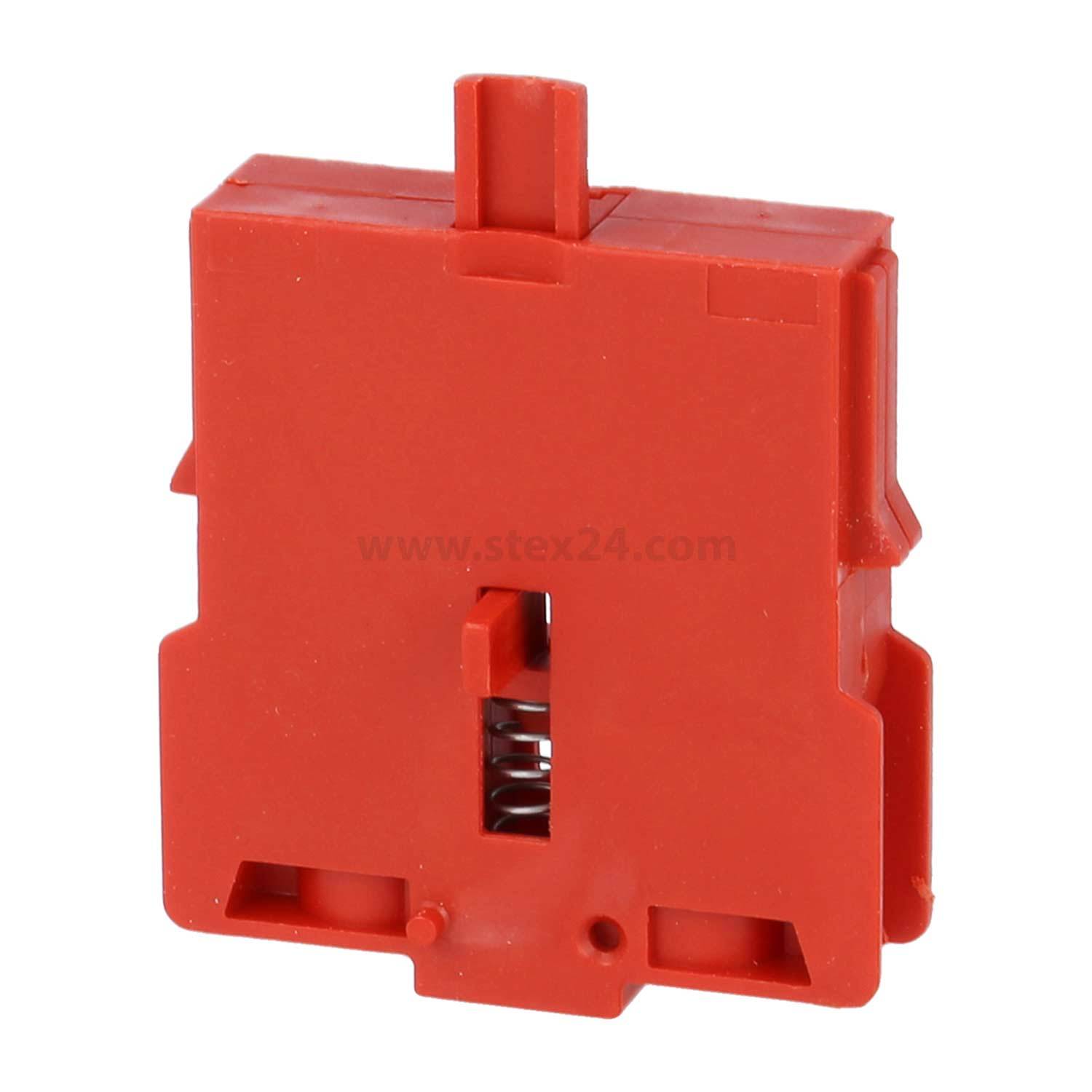 Ein roter mechanischer Schalter mit sichtbarer Feder, der in Tastaturen verwendet wird und eine robuste Konstruktion und kompaktes Design hervorhebt.