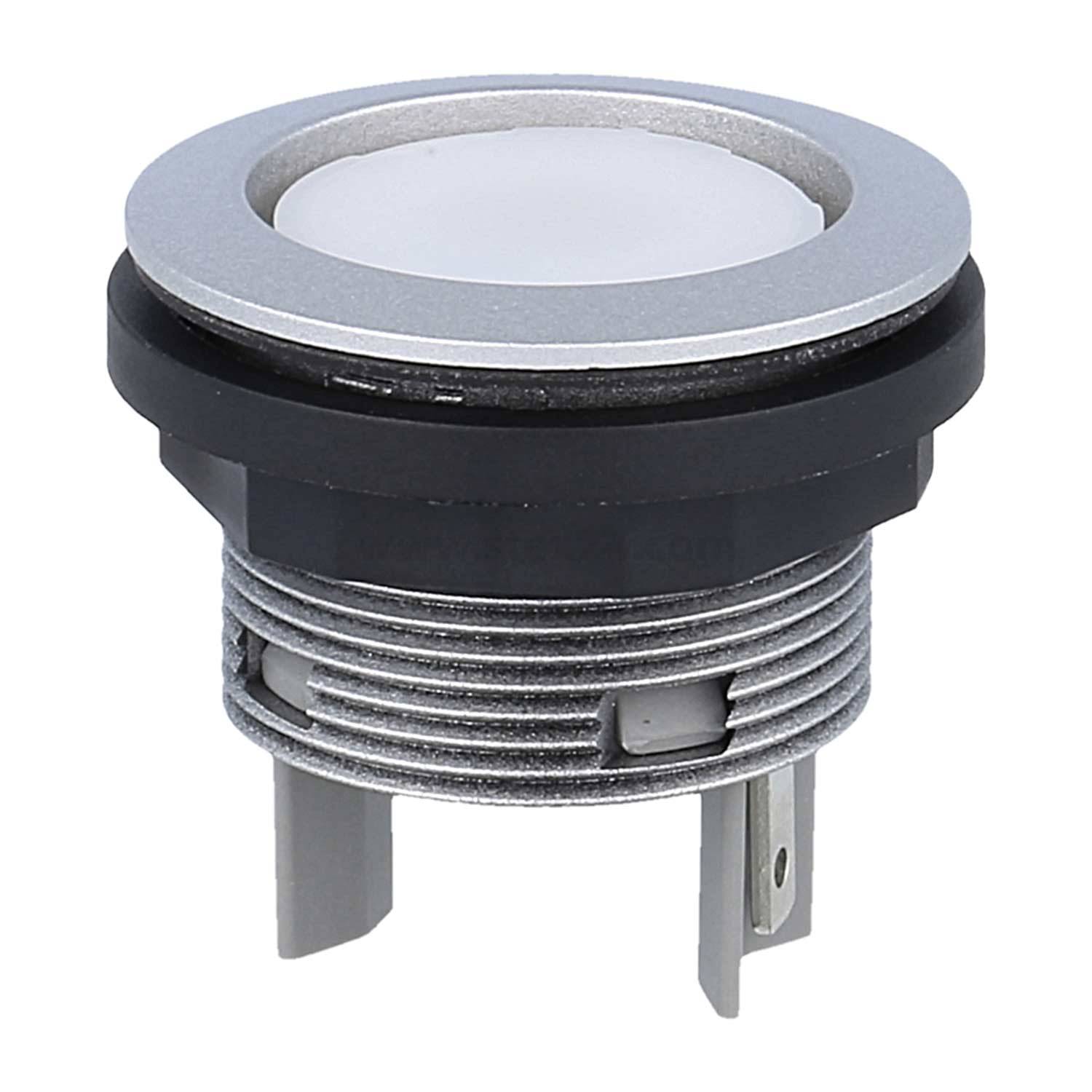 Ein runder, metallischer Druckknopfschalter mit silberner Blende und drei Anschlussbolzen, entwickelt für elektronische Geräte oder Bedienfelder.