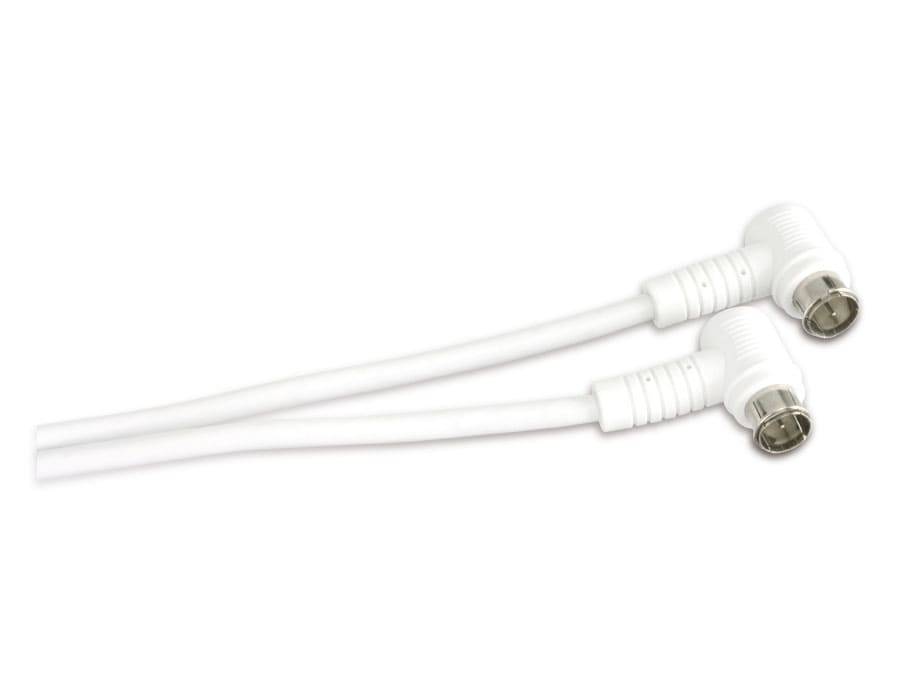 Eine Nahaufnahme von drei weißen koaxialen Kabeln mit Steckern, aufgewickelt und sich von links nach rechts erstreckend, auf weißem Hintergrund.