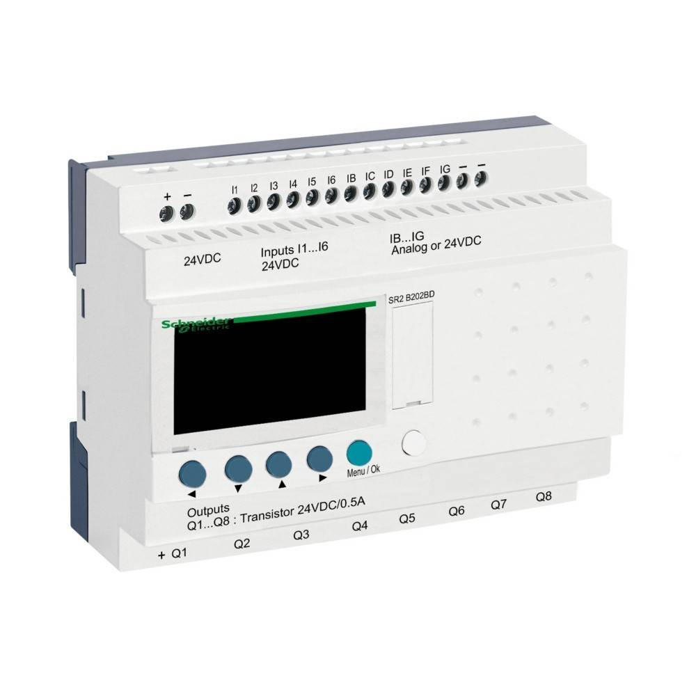 Weißer programmierbarer Logikcontroller (SPS) mit mehreren Ein- und Ausgängen, gekennzeichnet für 24VDC-Betrieb, ausgestattet mit einer kleinen Anzeige und Tasten.