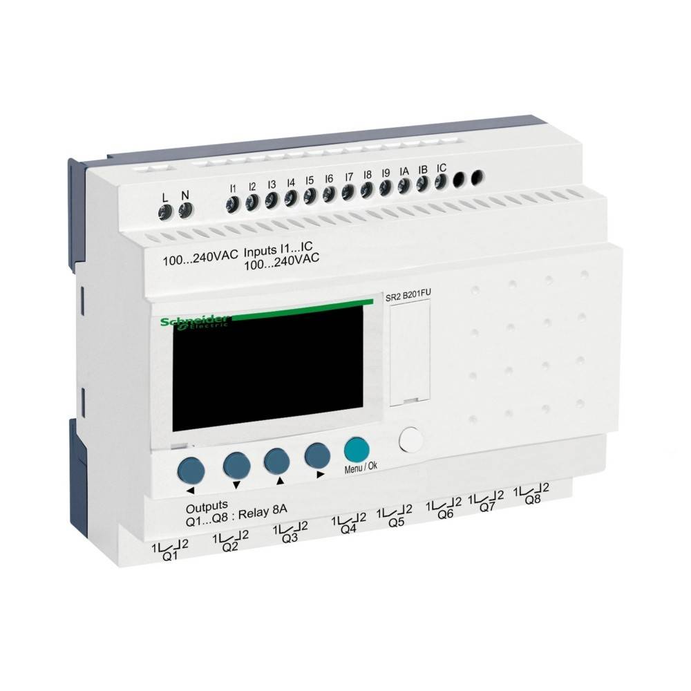 Ein programmierbarer Logikcontroller mit Ein- und Ausgängen, die von 1 bis 12 gekennzeichnet sind, ausgestattet mit einem LCD-Bildschirm und mehreren Steuertasten.