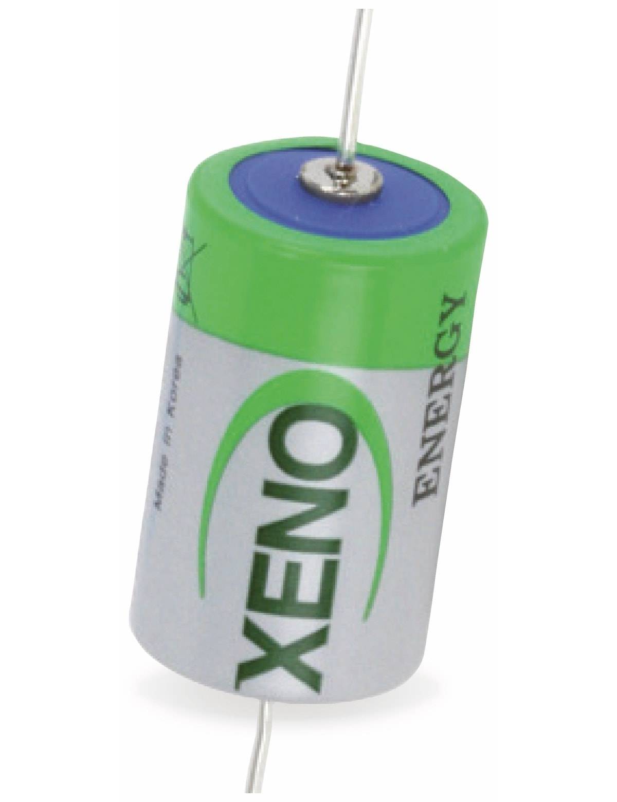 Eine grüne und silberfarbene Xeno Energy-Batterie mit sichtbarem Anschluss oben.