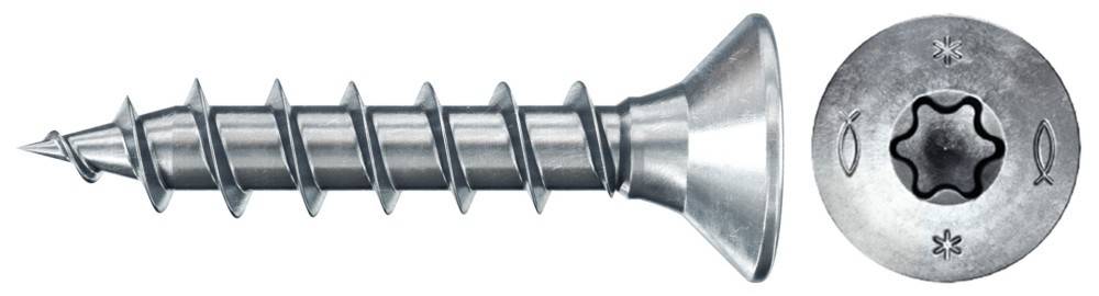 Ein Nahaufnahmebild einer Metallschraube mit einem scharfen, spiralförmigen Gewinde und einem flachen Kopf, entwickelt zum sicheren Befestigen von Materialien.