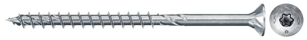 Ein Nahaufnahmebild einer silbernen, gewindeten Metallschraube, die ihre spiralförmigen Rillen und scharfe Spitze zeigt. Die Schraube ist für robuste Befestigung vorgesehen.