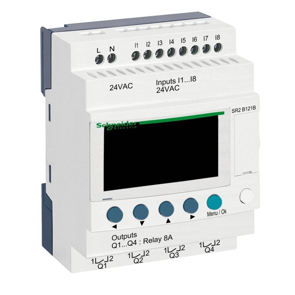 Programmierbarer Relaiscontroller mit digitaler Anzeige, gekennzeichnet mit L-, N-Eingängen, Relaisausgängen und Tasten zur Menünavigation.