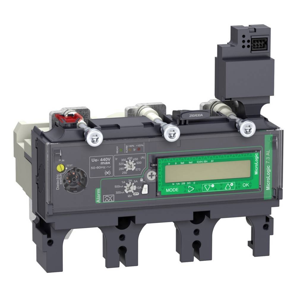 Elektrisches Gerät mit der Bezeichnung 'Micrologic 5.3 A'. Ausgestattet mit Einstellrädern, einem Display und Anschlussports. Geeignet für Energiemanagement.