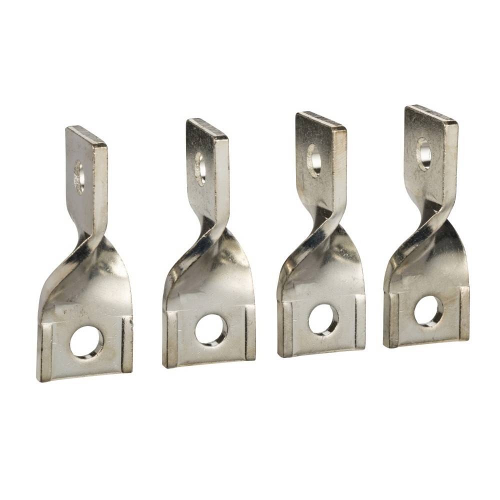 Vier Metallmontagehalterungen mit einem Loch an der Basis und einem gedrehten Design, die zum Befestigen von Objekten an Oberflächen verwendet werden.